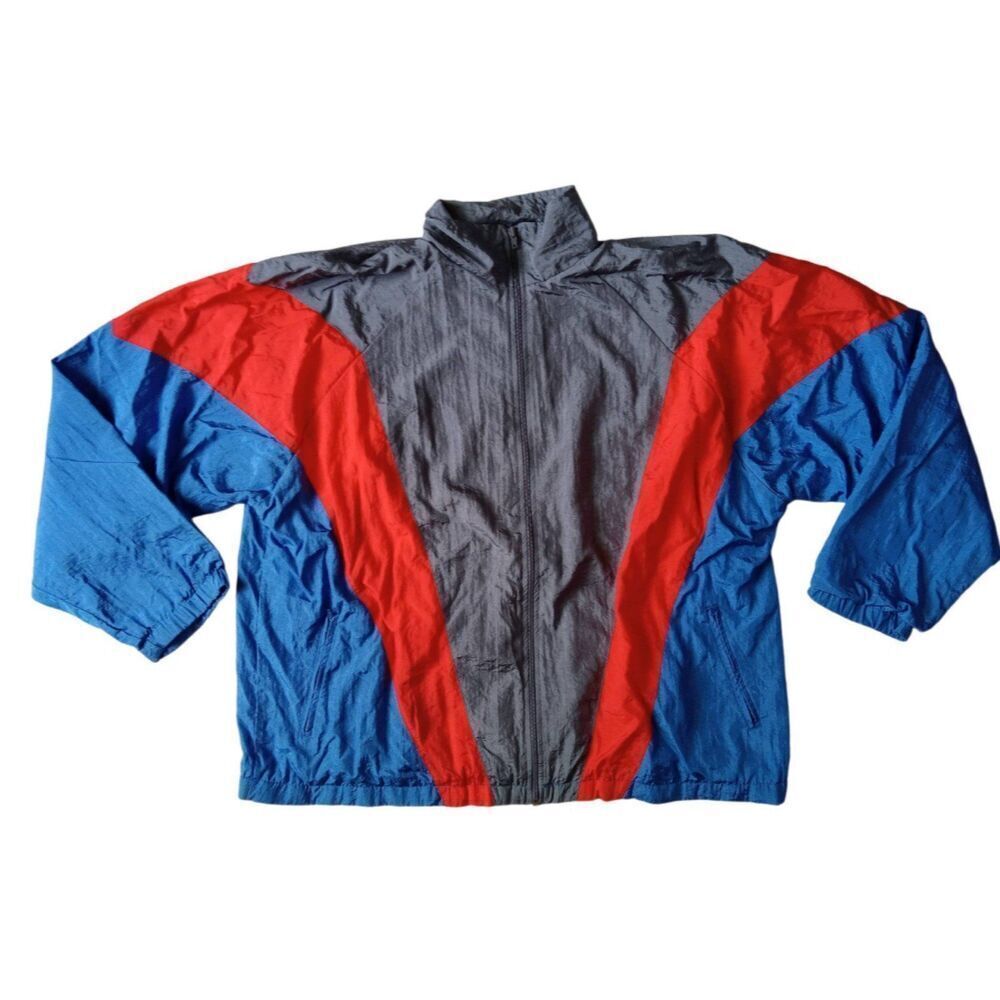 Vintage Moda Club Blue and Red Color Block Zip Front Windbreaker Jacket Size XL